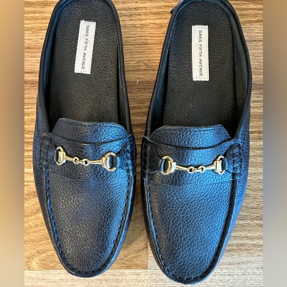 Saks Fifth Avenue Leather slide Loafers with Gold Accents. Driver bottoms.